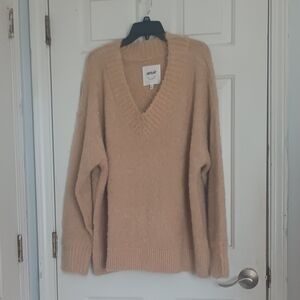 Aerie Teddy Boucle Tan V Neck Oversized Sweater Sz XL Cozy Warm